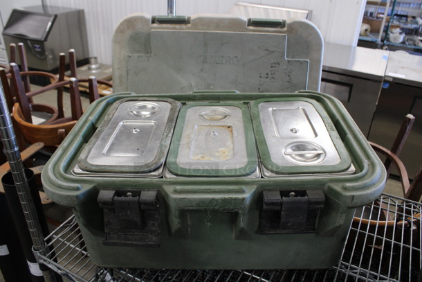 Cambro Model UPCS180 Green Poly Insulated Food Carrying Case w/ 3 Stainless Steel 1/3 Size Drop In Bins and Lids. 24x17x11