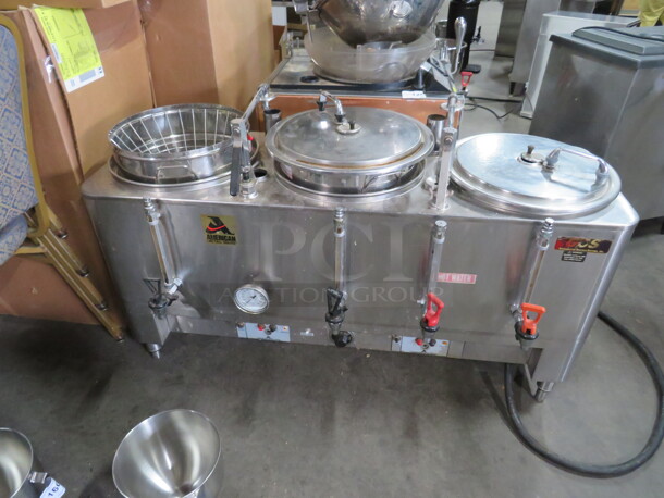 One Stainless Steel American Ware Triple Coffee Brewer Urn. #7303E. 120/240 Volt. 1 Phase. 47X20X29. Missing 1 Lid.