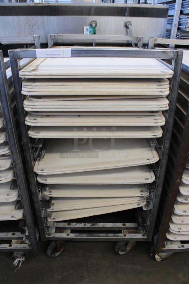 Metal Commercial Pan Transport Rack w/ 26 Baking Pan Boards on Commercial Casters. 20.5x26x38. Boards 18x26x1