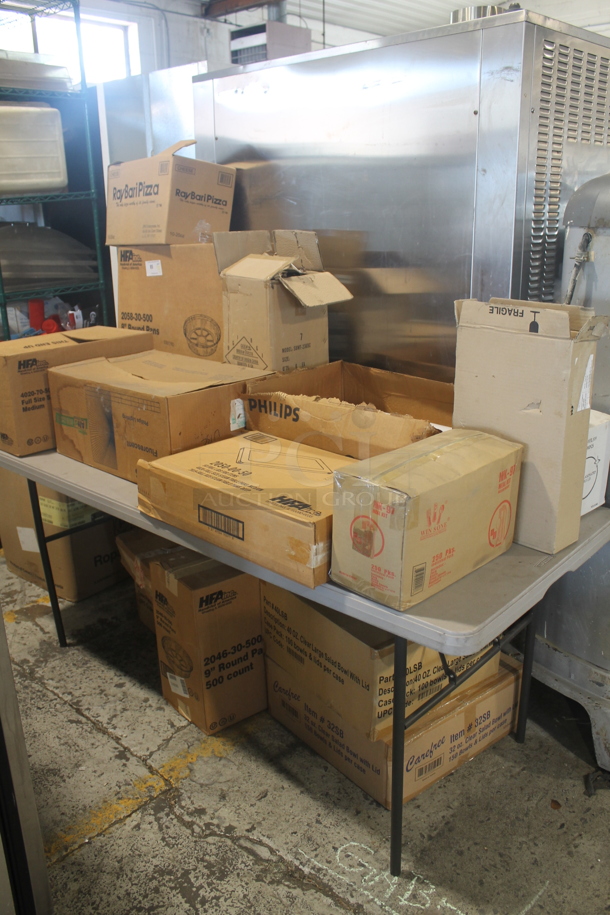 ALL ONE MONEY! MOST NEW IN BOX Lot of 8" Round Pans, Aluminum Pans, Receipt Paper, Lids, Seasoning Containers, Fluorescent Lighting, Halogene Bulb, 500 Count 9" Round Pans, 100 Count Large Salad Bowls/Lids AND MORE!  - Image 1 of 12