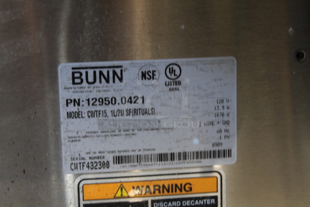 Bunn CWTF15 Stainless Steel Commercial Countertop 3 Burner Coffee Machine w/ Hot Water Dispenser and Metal Brew Basket. 120 Volts, 1 Phase.  - Image 3 of 4