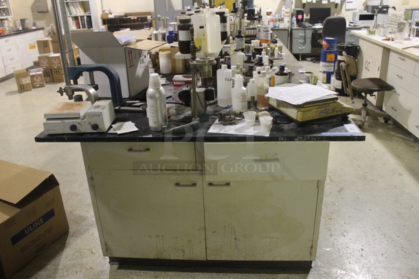 White Counter w/ Black Countertop, Doors, Drawers and Contents. BUYER MUST REMOVE. - Image 1 of 8