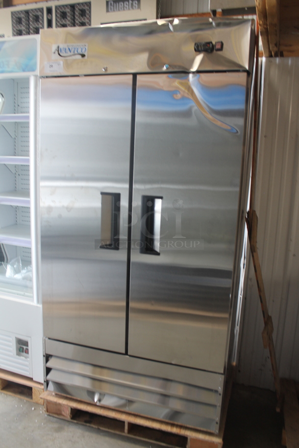 BRAND NEW SCRATCH AND DENT! 2023 Avantco 178A35FHC Stainless Steel Commercial Two Door Reach In Freezer w/ Poly Coated Racks. 115 Volts, 1 Phase. Tested and Working! - Image 1 of 10