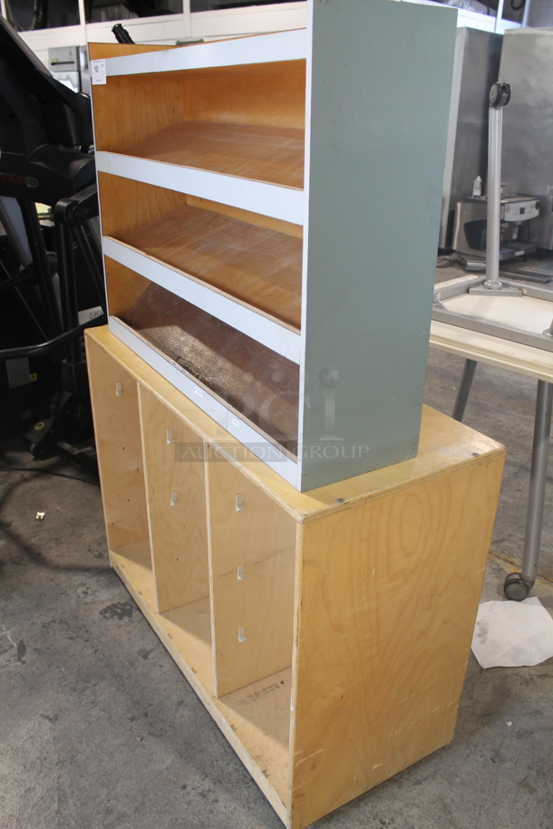 2 Piece Set Of Cabinets With Open Base, 1 Wooden, and 1 Wooden With White Trim Shelves and Blue Sides. 37x9x27 And 41x17.5x31 - Image 3 of 3