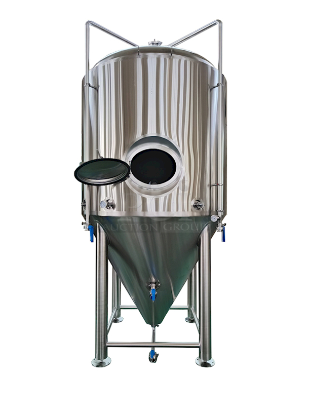 LIKE NEW! Ningbo Bme 30FV 30BBL Fermenter/Unitank/Conical Stainless Steel Fermentation Tank. S/N: BME30FV021 
.
Fully Functioning

.
Gross volume: 4,430L(26% head space); 
Tank size: Φ1,600x1500mm, approx. total height 12ft
Jacketed and insulated. SUS304 stainless steel, 3mm thickness plate for inner tank, 1.5mm for dimple jacket and 2mm for outer shell.
Interior tank 2b finish and passivated, ribbon polish for welded place; 4#finish or mirror finish for inner tank available
Outer tank brushed. Dish head polished. ribbon polish for welded place
Dish head, 60° cone bottom, Side shadowless manway(double side welded)
DIN 65 style 1.5” Rotating racking arm(or tri-clamp),
3 zone dimple cooling jackets, 3/4″ NPT inlet and outlet
80mm Polyurethane insulation
CIP arm and spray ball, blowoff pipe
Necessary butterfly valves, sample valve, Thermometer, Pressure gauge( oil style), PVRV, tri-clamp and gasket fittings.

Manufactured: 12/30/2019

Located in: Rancho Cucamonga, CA. Shipping is Available. - Image 1 of 8