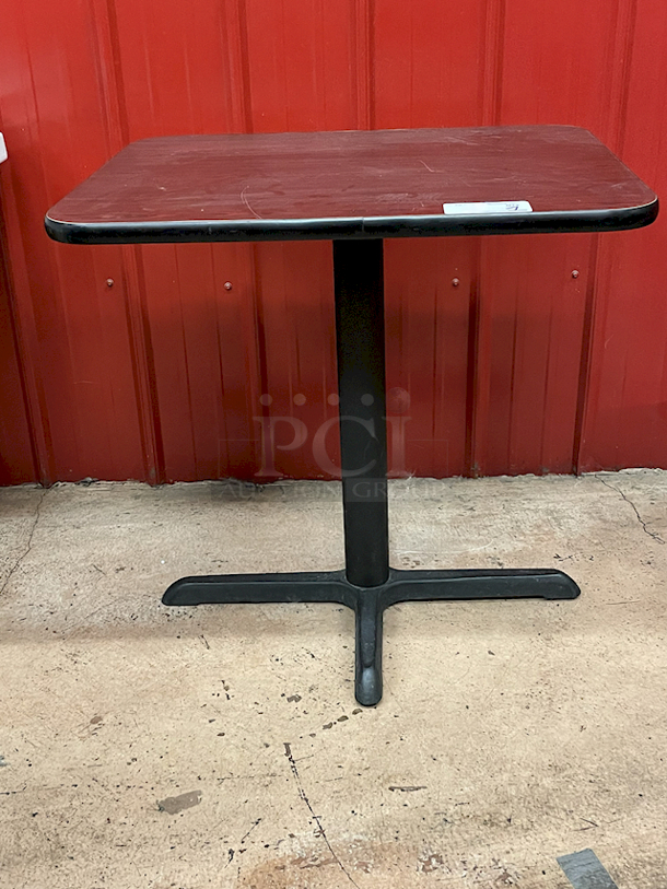 HIGH END! Lancaster Table & Seating Standard Height Table with 36" x 36" Reversible Cherry / Black Table Top and Round Cast Iron Base Plate - Seats 2 - 4 Chairs.  - Image 2 of 5