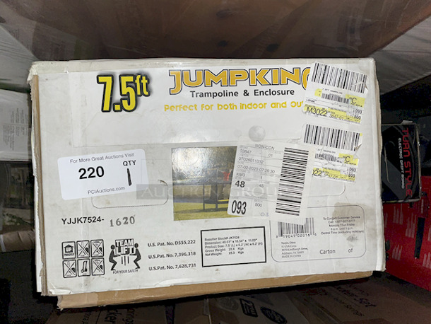 JumpKing 7.5-Foot Trampoline, with Enclosure, Black/Yellow. Jump King 7.5ft Trampoline & Enclosure System:

Enlarged door for easy entry
Patented over-under springs arrangements provide a better bounce
Unique shape and size for Indoor & Outdoor use
Can be enjoyed by either an adult or a child
User max weight: 180 lbs.
Heavy duty netting for added safety
Meets ASTM requirements                                      7-1/2ft w x 7-1/2ft d x 6.2ft h  - Image 9 of 11