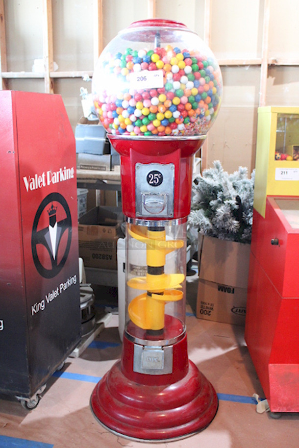 OFFICIAL! World Famous Magic Gumball International 5ft Large Spin and Drop Commercial Gumball Machine with Stand - Quarter Activated, Classic Red. TESTED! Works Perfect. Bowl & Housing Are Made From High Impact Clear As Crystal Fiber Glass.  - Image 3 of 3