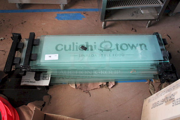 AWESOME! Glass Restaurant Section Dividers With Hardware. Wrapping On Glass Is Removable. Includes: (10) Glass Panes Ranging From 40-1/4" to 46" W x 11" H. & Mounting Hardware. Hardware Adds 3-1/2" To Each Side Of The Glass When Assembled. Dimensions Of Glass Panes (without hardware) 40-1/4" to 46" W x 9-1/2". 10x Your Bid - Image 1 of 5