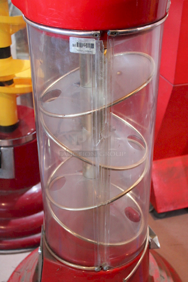 SWEET! World Famous Magic Gumball International 5ft Large Spin and Drop Commercial Gumball Machine with Stand - Quarter Activated, Classic Red. TESTED! Machinery Works. Minor Damage to The Fiberglass Around The Center Of Machine. Brass/Metal Collar May Need A Screw. Very Easy Fix. Missing The Lid.  - Image 3 of 6
