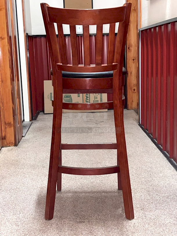 HIGH QUALITY! Lancaster Table & Seating Mahogany Ladder Back Bar Height Chair with Black Padded Seat & Foot Rest. 17x17x24 3x Your Bid Width
 - Image 8 of 9