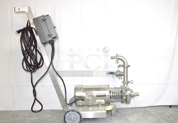 NEW/NEVER USED CPE Systems KBDA Series C114MD CENTRIFUGAL PUMP ASSEMBLY With Clamps And Tubing. 1PH, 115/208-230 VAC - 50-60hz - 1 1/2" X 1 1/2" Tri -Clamp Connections, All Stainless Steel Construction, 25 ft cord with a 115-volt Plug, NEMA 4X digital VFD with a Potentiometer, Stainless steel cart - Image 2 of 9