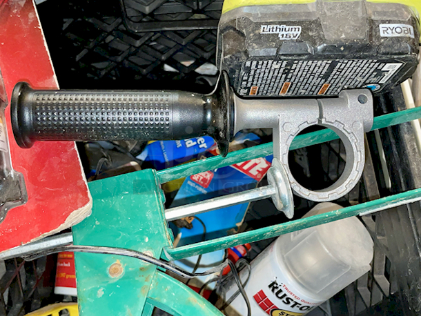 ALL FOR ONE! Crate Full Of Various Tools & Parts: Ryobi Reciprocating Saw, Heat Gun Caulk Gun, ¼” Air Compressor Filter, Hand Saw, Handle and More  - Image 5 of 8