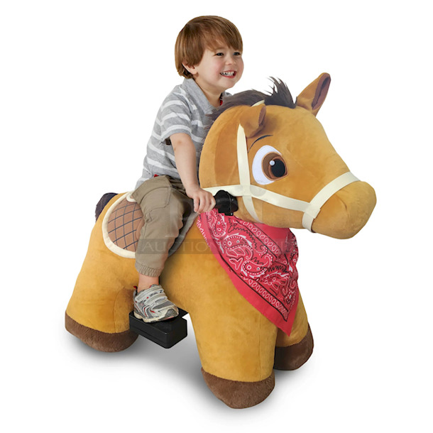 AWESOME!! 6 Volt Stable Buddies Chestnut Horse Plush Ride-On by Dynacraft, with Removable Bandana and Play Stable Included! 30.71"L x 17.72"W x 26.77"H - Image 1 of 9
