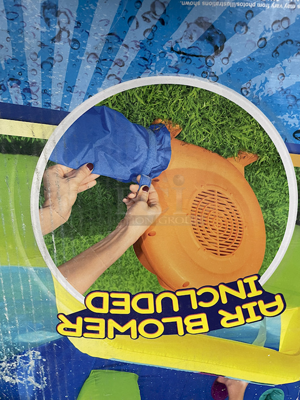 H2O GO Inflatable Water Park With Water Slide – Over 23ft Long. Contains: 01 SLIDE; 01 BLOWER (STAKES INCLUDED); 01 REPAIR KIT (MULTIPLE ASSORTED PATCHES); 1 STORAGE BAG; 10 BOUNCER STAKES; 1 PUC BALL SPRINKLER; 06 SMALL FLAGS; 01 WATER SPRAYING HOSE. Overall: 23ft – 4in x 10ft – 2in x 8ft – 8in.  - Image 7 of 9