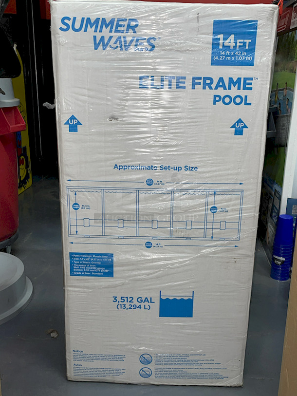 Summer Waves 14ft x 42in Elite Frame Above Ground Pool. Contains: 1 pool, 1 filter pump, Type C Filter Cartridge, 1 ladder, 1 pool cover.