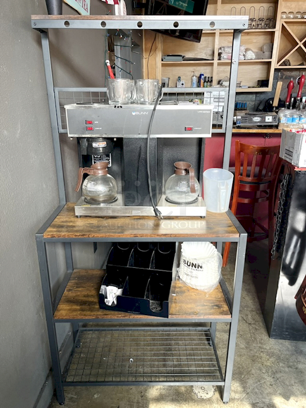 OUTSTANDING! Bunn Coffee Bar - Includes: Bunn 04275.0031 VPS 12 Cup Pourover Coffee Brewer with 3 Warmers - 120V (MODEL: VPS, BLK-LTD SW), 2 Coffee Decanters, 4 Glass Coffee Cups, Filters, Mind Reader Acrylic 9 Compartment Condiment Organizer, Black, FL310 Bakers Rack, Coffee Bar, Kitchen Storage Shelf Rack with Space For 10 Hooks, 3 Shelves, Adjustable Feet, for Microwave Oven. Combined Value of $850  - Image 8 of 8