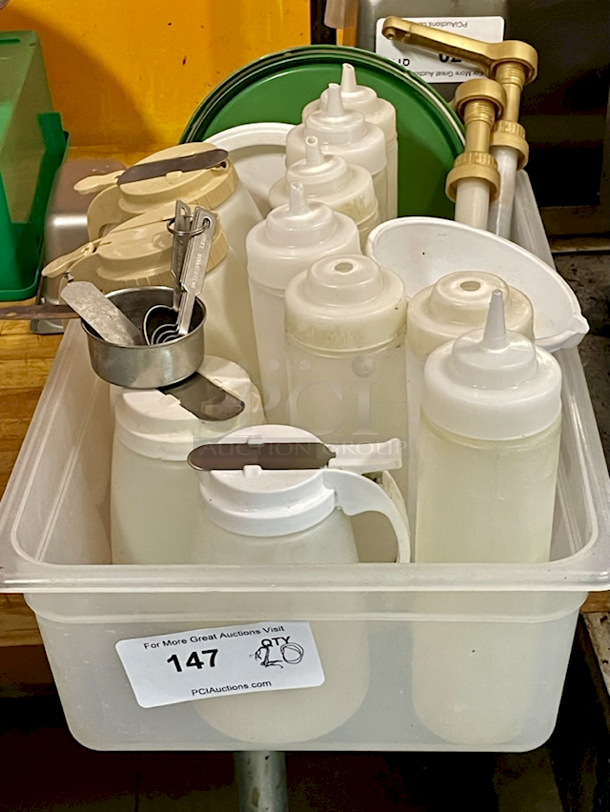 HUGE LOT! 24oz Squeeze Bottles, Syrup Dispensers, Pumps, Lids and Ingredient Bin, Measuring Spoons, Funnel. 20x Your Bid - Image 1 of 6