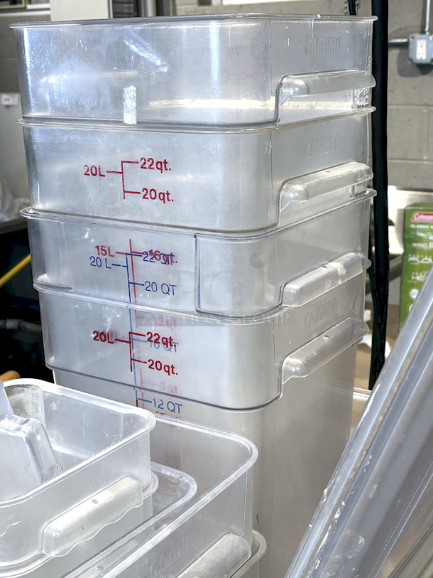 JACKPOT! 15 Piece Cambro Variety Lot (2) 18x26, (1) 12qt, (1) 6qt, (3) 4qt, (2) Measuring Cups (Pint & Quart), (4) 22qt Ingredient Storage Containers, (2) Full Size Pan Lids. 15x Your Bid - Image 2 of 6