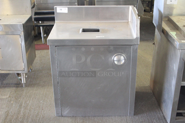 Stainless Steel Back Bar Work Table With Trash Receptacle, Cabinet Base. Approximately 30x19x36