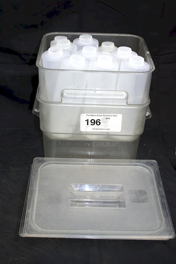 ALL-4-One (2) Cambro CamSquares® Classic 12 Qt. Clear Square Polycarbonate Food Storage Container, (12) Squeeze Bottles, (2) 1/3 Pan Lids - Image 1 of 3