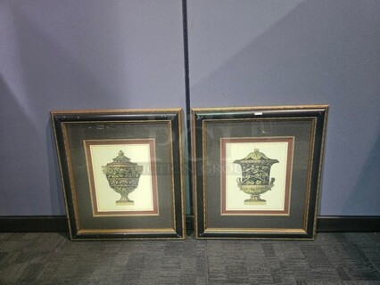 Clementino Urn I and Clementino Urn II artworks by Da Carlo Antonini- both matted and framed. Frames show some visible marks but could be touched up. Each frame is 33" W and 36" L. Gorgeous set of artwork. BIDX2
