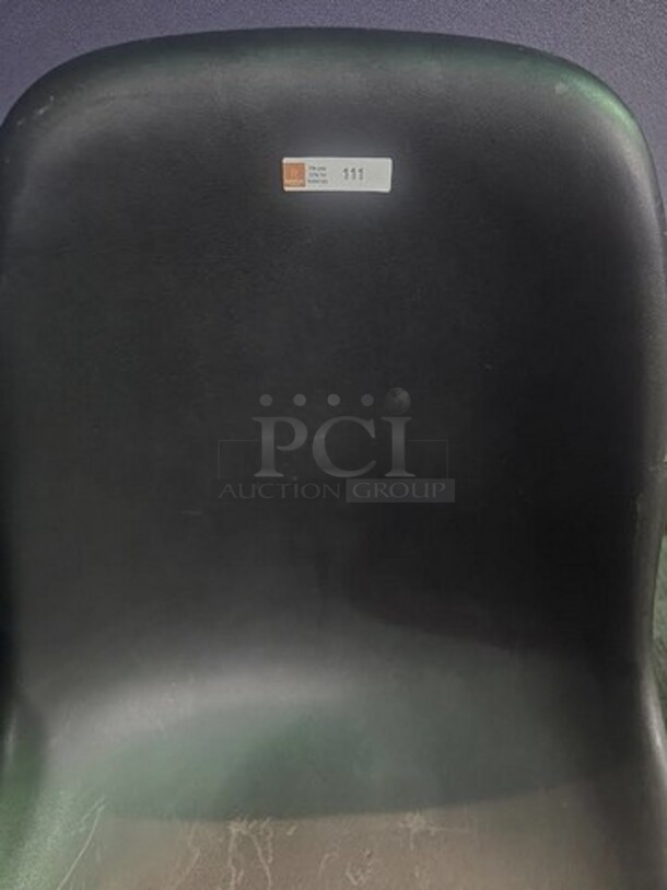 ALL ONE MONEY Set of two black chairs with wooden legs. In good condition- minor scratches and fading as shown in the pictures. 18” W x 33.5” H x 15” D.  - Image 2 of 2