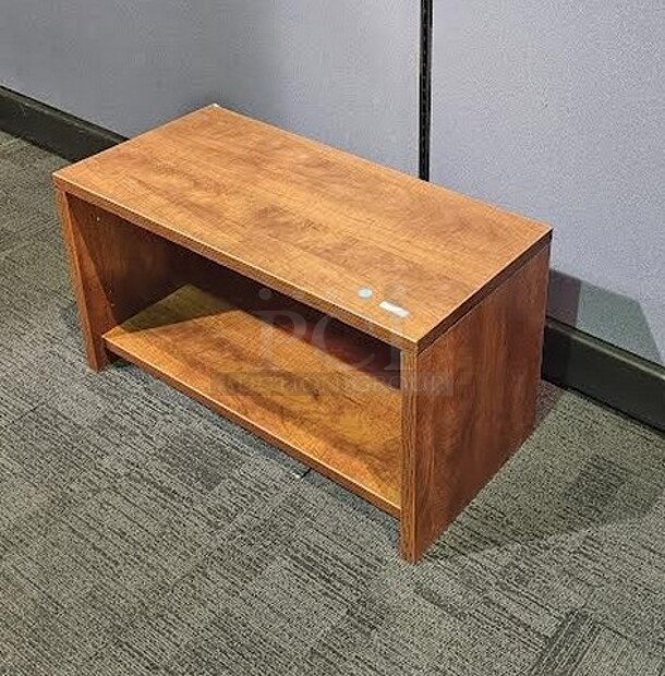  Walnut colored set of 2 overhead mount shelves. In great condition, no broken pieces. Very sturdy pieces! Each measure 17” H x 31” W x 15” D. - Image 2 of 3