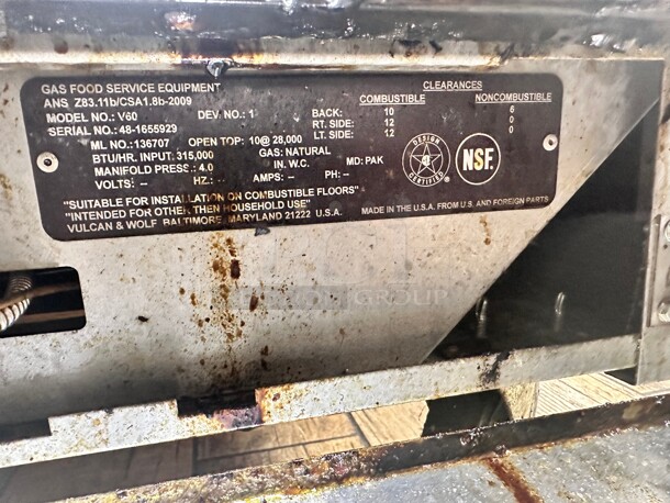 Late Model Vulcan V60 60 inch 10 Burner Gas Range w/ (2) Standard Ovens, Natural Gas Working - Image 9 of 9