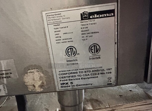 Late Model Eloma Genius T 6-11 6 Pan Full Size  Boilerless Electric Combi Oven - 208V, 3 Phase Working - Image 6 of 6