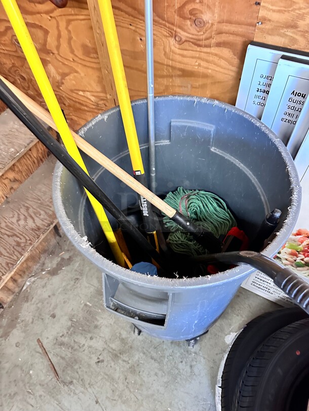 One Lot Gray Trash Container with Cleaning Supplies  - Image 4 of 5