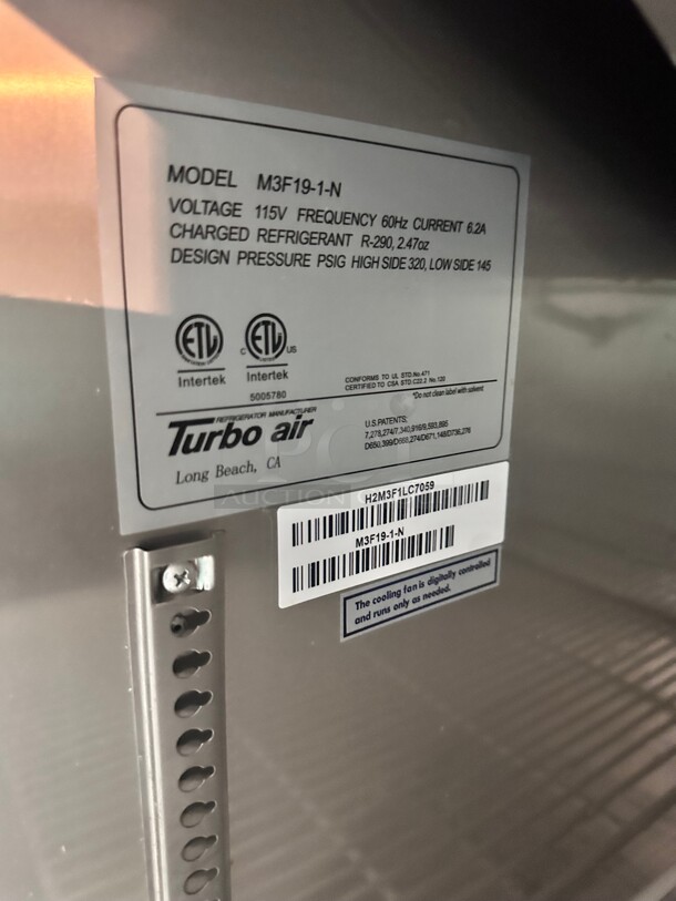 Turbo Air M3F19-1-N 25" One Section Reach In Freezer, (1) Solid Door, 115v Tested and Working - Image 4 of 5