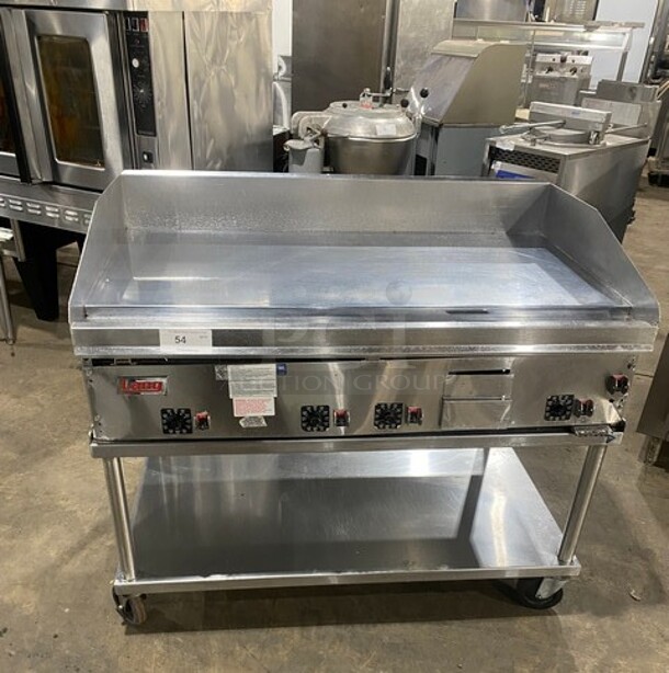 NICE! Lang Commercial Countertop Natural Gas Powered Flat Top Griddle! With Back And Side Splashes! On Equipment Stand! With Storage Space Underneath! All Stainless Steel! On Casters! Working When Removed!