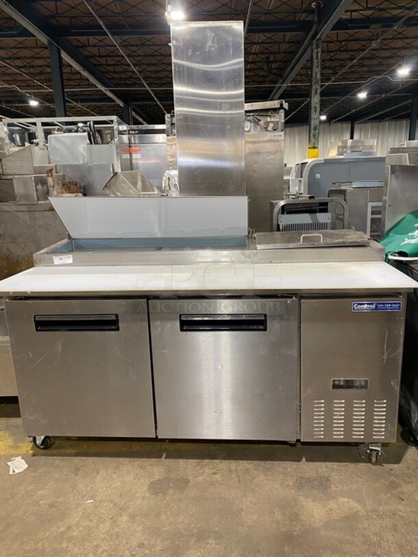 Sweet! LATE MODEL! Central Commercial Refrigerated Pizza Prep Table! With Full Length Removable Cutting Board! With 2 Door Refrigerated Storage Underneath! With Poly Coated Racks! 115V 1 Phase! Model: 69K014 SN: 8060492! On Commercial Casters! Working When Removed!  - Image 1 of 12