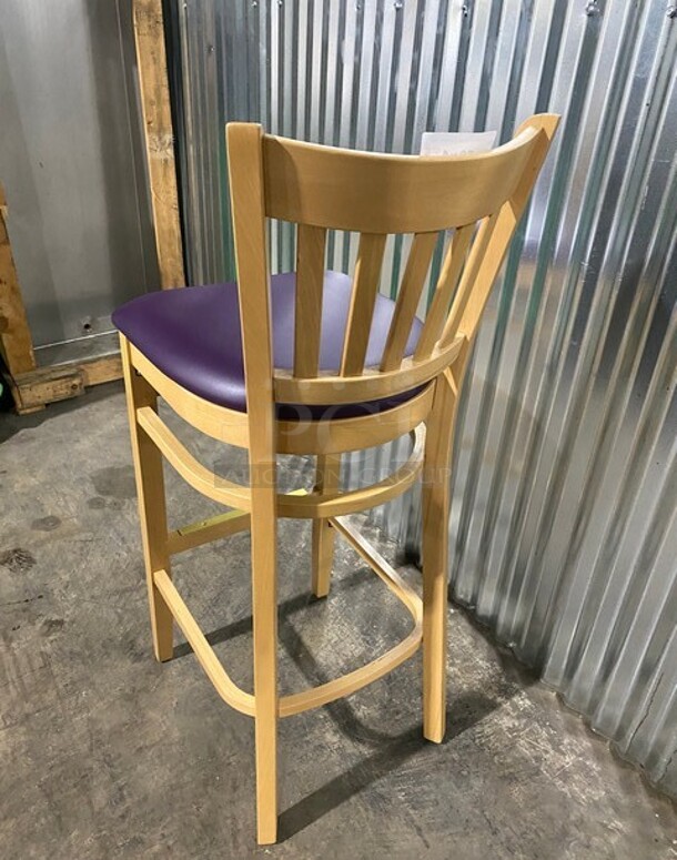 WOW! NEW! Bistro Solid Natural Hardwood Restaurant Bar chair! With Purple Vinyl Seat! 3x Your Bid! MODEL JW204 - Image 3 of 8