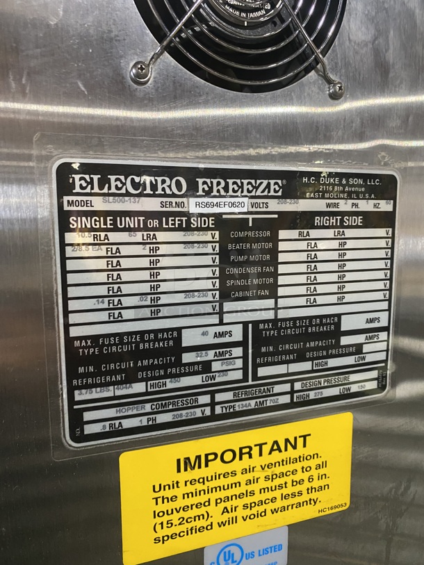 Nice! Electro Freeze 3 Handle AIR COOLED Ice Cream Machine! SL500-137 Serial RS694EF0620! 208/230V 1 Phase! On Commercial Casters!   - Image 5 of 10