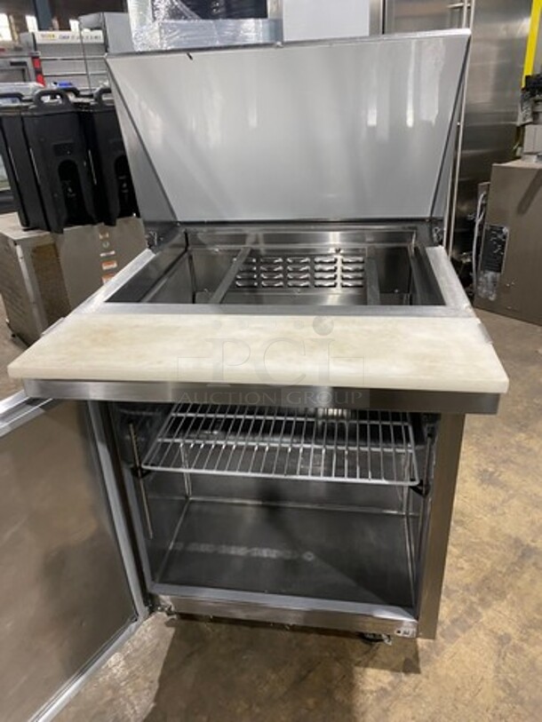 Avantco Commercial Mega Top Refrigerated Sandwich Prep Table! With Commercial Cutting Board! Single Door Storage Space Underneath! All Stainless Steel! On Casters! Model: 178SSPT27MHC SN: 6121420118051008 115V - Image 5 of 10