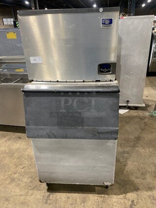 Manitowoc Commercial Ice Making Machine! With Commercial Ice Bin Underneath! All Stainless Steel! Model ID0502A161D Serial 1120025579! 115V 1Phase! On Legs!