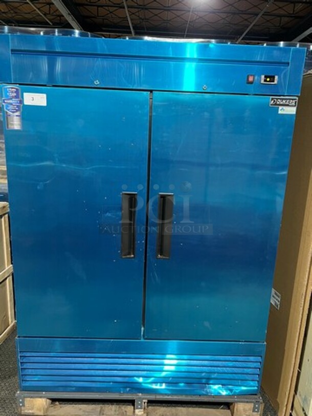 NICE! NEW! SCRATCH-N-DENT! Dukers Commercial 2 Door Reach In Freezer! Poly Coated Racks! All Stainless Steel! POWERS ON, DOES NOT GO DOWN TO TEMPETURE! Model: D55F SN: 1098000DUK210722210800791 115V