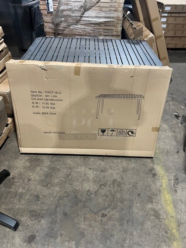Brand New In The Box! DT All Alluminum Dark Gray Slats Dining Table! 30" By 48" With Legs! Perfect For Outdoors!  - Image 1 of 8