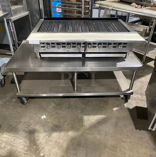 Bakers Pride Commercial Countertop Natural Gas Powered 48 Inch Char Broiler Grill! On Commercial 60 Inch Equipment Stand! With Underneath Storage Space! All Stainless Steel! On Casters! Working When Removed! Model XX8 Serial 592381707002! 