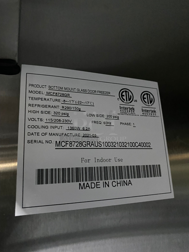 COOL! LIKE NEW! BARELY USED! LATE MODEL! 2021 Atosa 3 Door Reach In Freezer Merchandiser! With View Through Doors! Poly Coated Racks! On Casters! Still Under Manufacturers Warranty! Model: MCF8728GR SN: MCF8728GRAUS100321032100C40002 115/208/230V 60HZ 1 Phase - Image 8 of 9