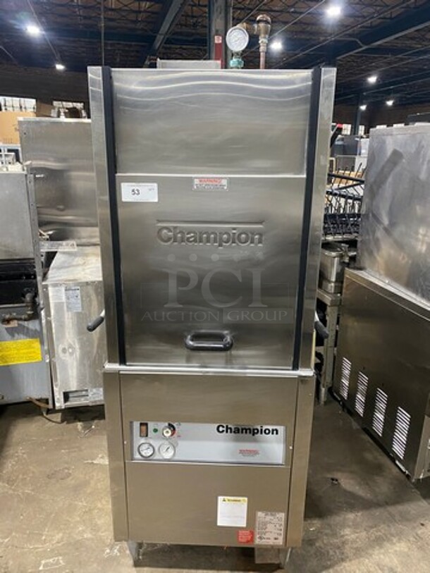 Champion Commercial Pass-Through Dishwasher Machine! All Stainless Steel! On Legs! With Right Side Dishwasher Table! With Back And One Side Splash! Model: DHBT SN: D11038937 208/240V 60HZ 3 Phase