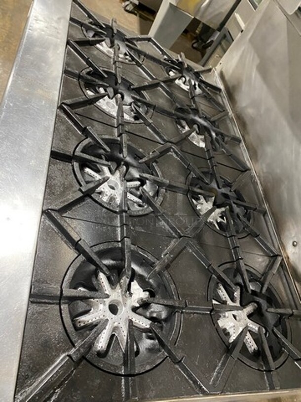 Garland Commercial Gas Powered 8 Burner Stove! With Raised Back Splash And Salamander! With Oven Underneath! All Stainless Steel! On Casters! - Image 5 of 11