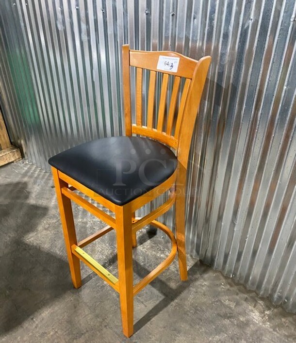 NICE!  NEW! Premium Us Made Vertical Slat Wood Bar Stool! With Black Vinyl Seat! 3x Your Bid! - Image 2 of 6