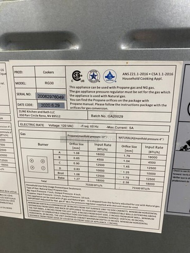  2020 Zline Gas Powered 4 Burner Stove! With Oven Underneath! Stainless Steel! On Legs! MODEL RG30 SN:20062976049 120V - Image 8 of 9
