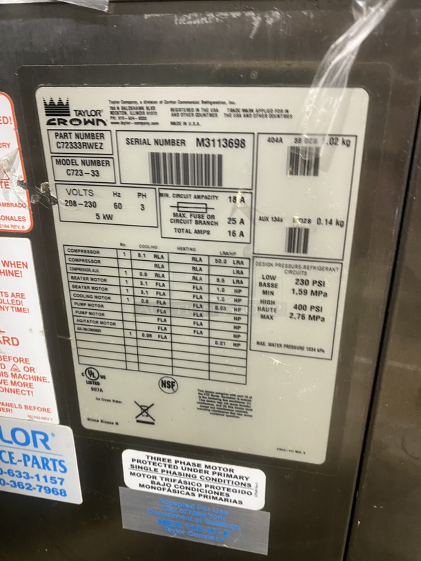 TAYLOR CROWN Commercial 3 Handle Ice Cream Machine! All Stainless Steel! On Casters! Model: C72333 Serial M3113698  - Image 7 of 8