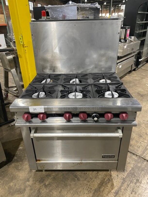Therma Tek Commercial Natural Gas Powered 6 Burner Stove! With Raised Back Splash! With Oven Underneath! All Stainless Steel! On Legs! - Image 1 of 9