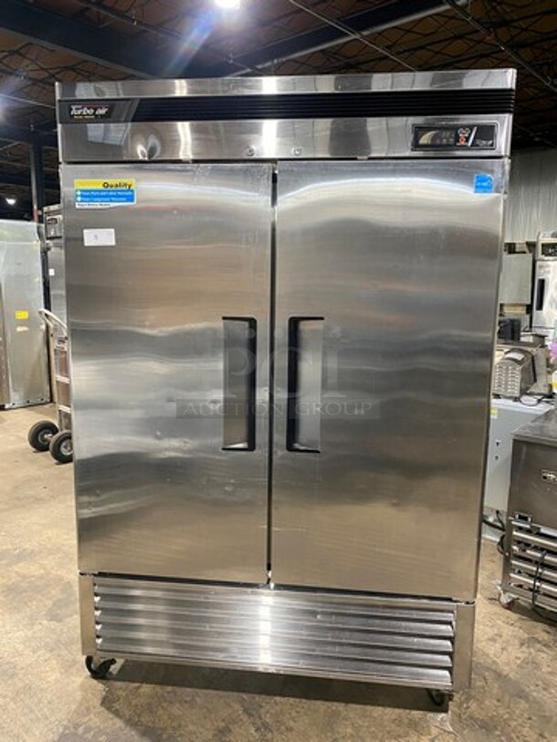 Turbo Air Commercial 2 Door Reach In Freezer! Solid Stainless Steel! On Casters! Model: TSF49SD SN: DF49811165 110/120V 60HZ 1 Phase