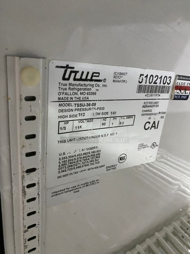 True Commercial Mega Top Refrigerated Sandwich Prep Table! With 2 Door Storage Space Underneath! All Stainless Steel! On Casters! Model: TSSU3608 SN: 5102103 115V 60HZ 1 Phase - Image 7 of 9
